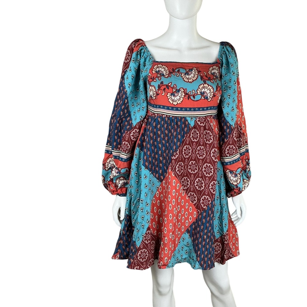 Merci Patchwork Square Neck Long Sleeve Mini Dres… - image 4